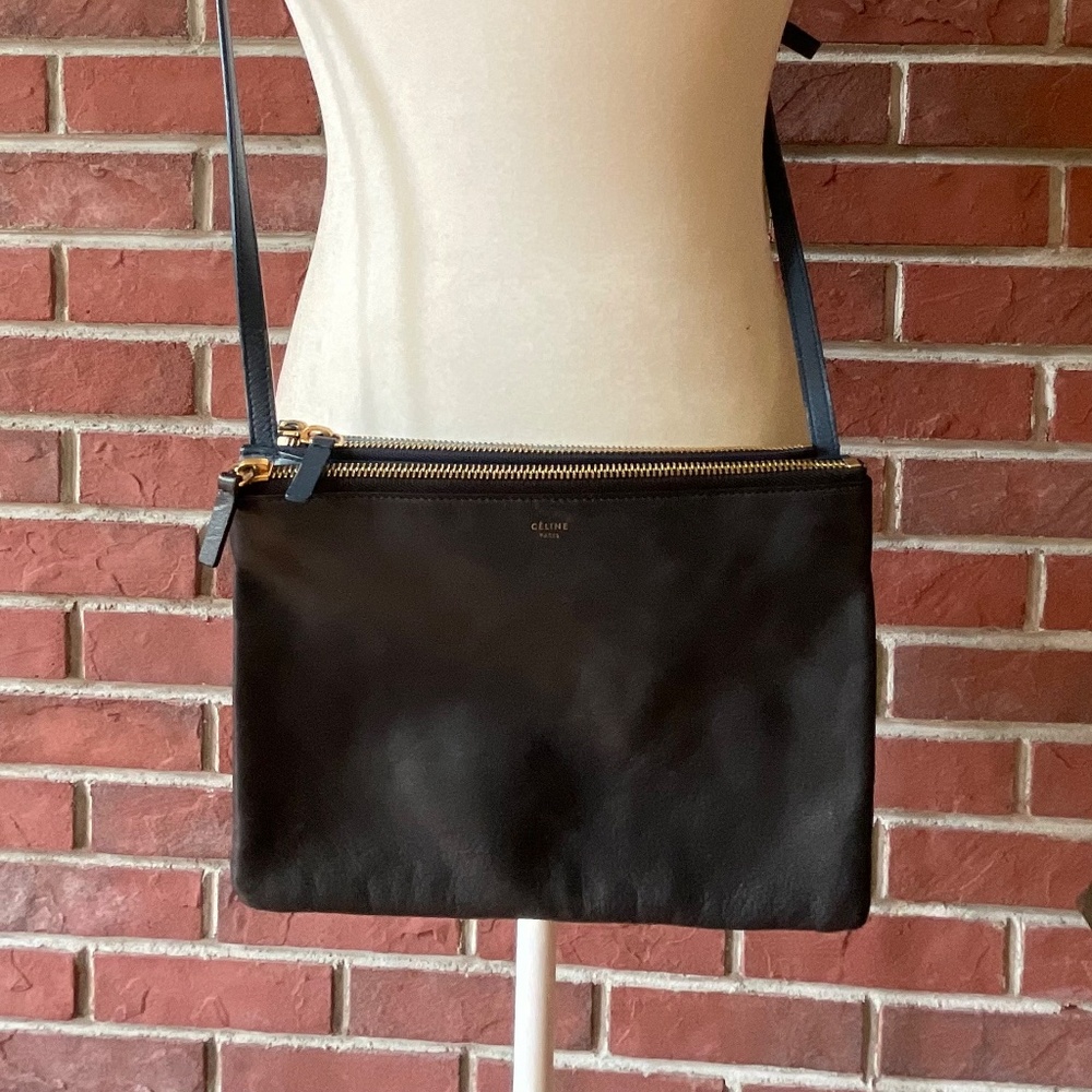 •Celine Authenticated Trio Bag Rare 3 Colors Combo/Black/Blue Leather Crossbody